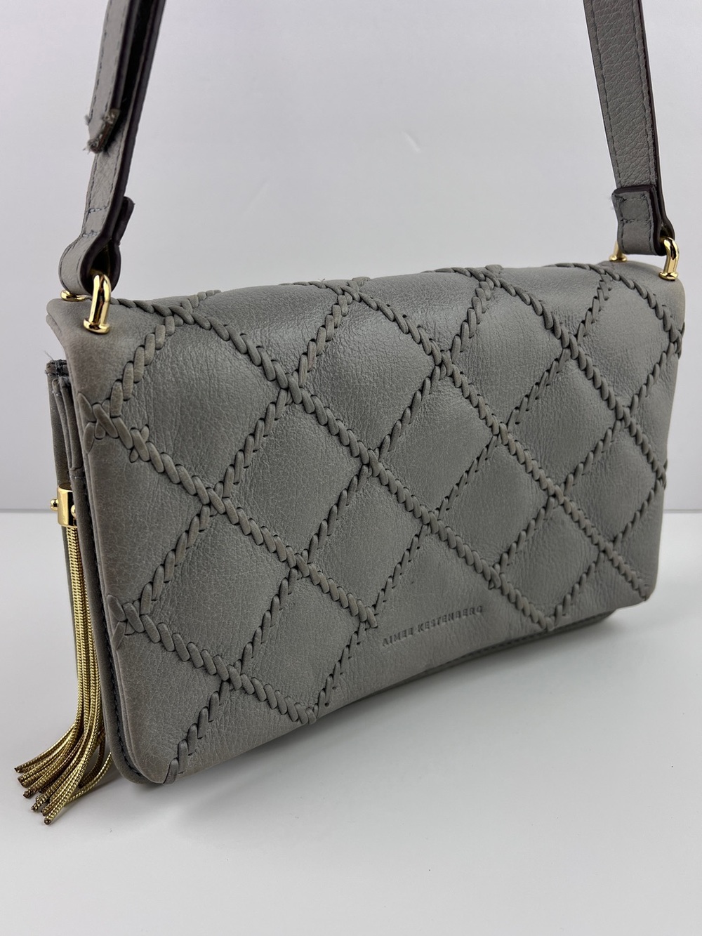 Aimee Kestenberg Leather Crossbody Purse Handbag Gray with Gold Trim & Tassels